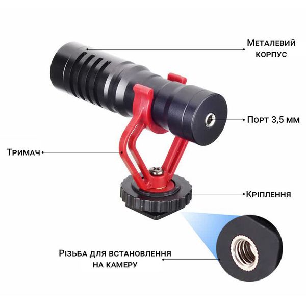 Направлений мікрофон для телефону, камери, фотоаппарату Savetek М100, кардіоїдний, з вітрозахистом, зображення 4