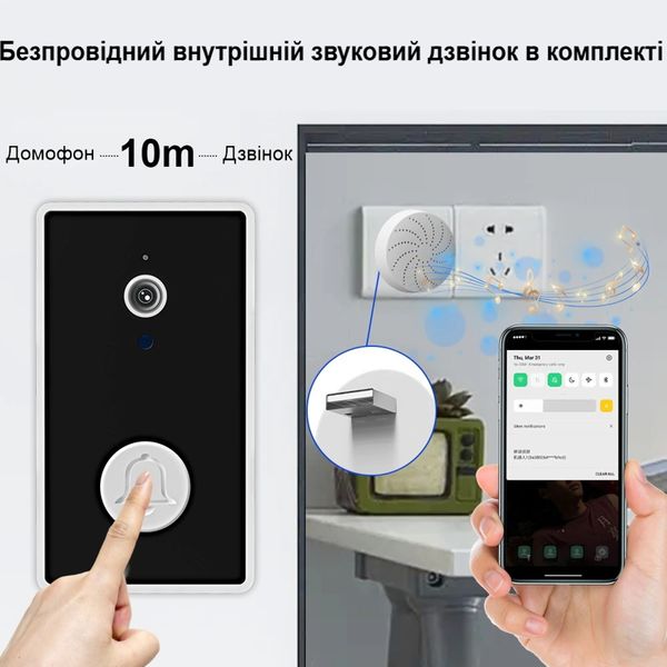 Відеодомофон Wifi на батарейках ААА з окремим бездротовим USB дзвінком Nectronix YE-B-01, зображення 4