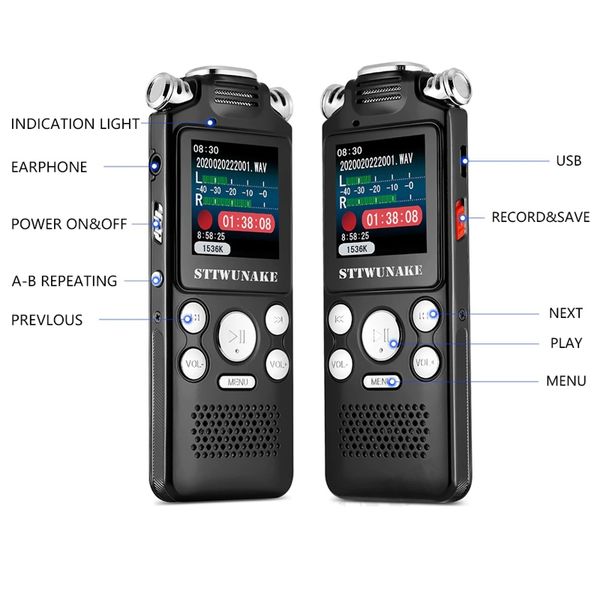 Цифровий диктофон з таймером для запису голосу Sttwunake V59, стерео, 8 Гб, чорний, зображення 4