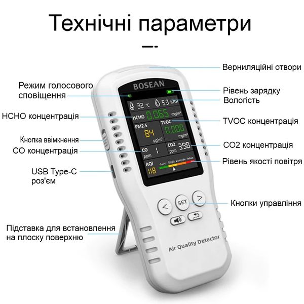 Датчик аналізатор якості повітря за 5-ма параметрами Bosean T-Z01Pro, професійний портативний, зображення 5