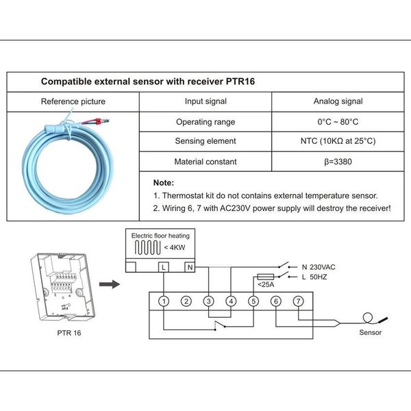 Виносний датчик температури для термостата POER PTR16, PTC26, 1 метр, зображення 2