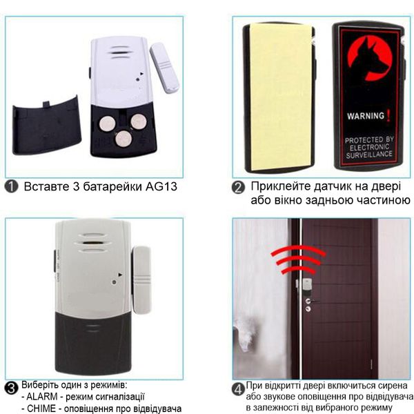 Датчик відкриття дверей із сиреною та функцією оповіщення про відвідувача Doberman Security SE-0101С, звукова сигналізація, білий, зображення 2